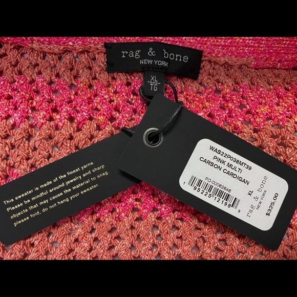 Rag & Bone Women's Pink "Carson" Striped Crochet Cardigan Sweater Size L NWT - Picture 5 of 5